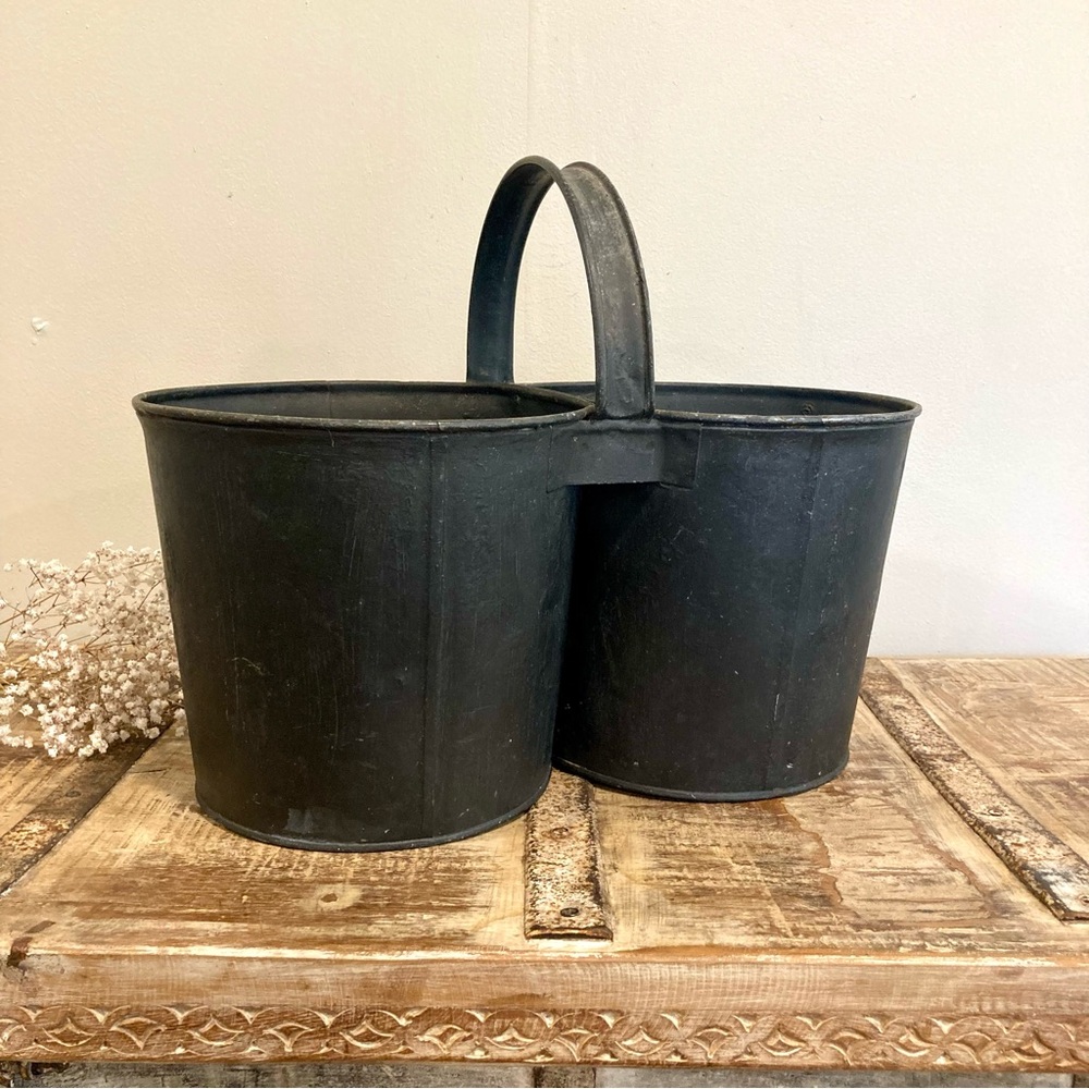 Vintage Double Bucket Planter Black Halloween Spooky Distressed Metal